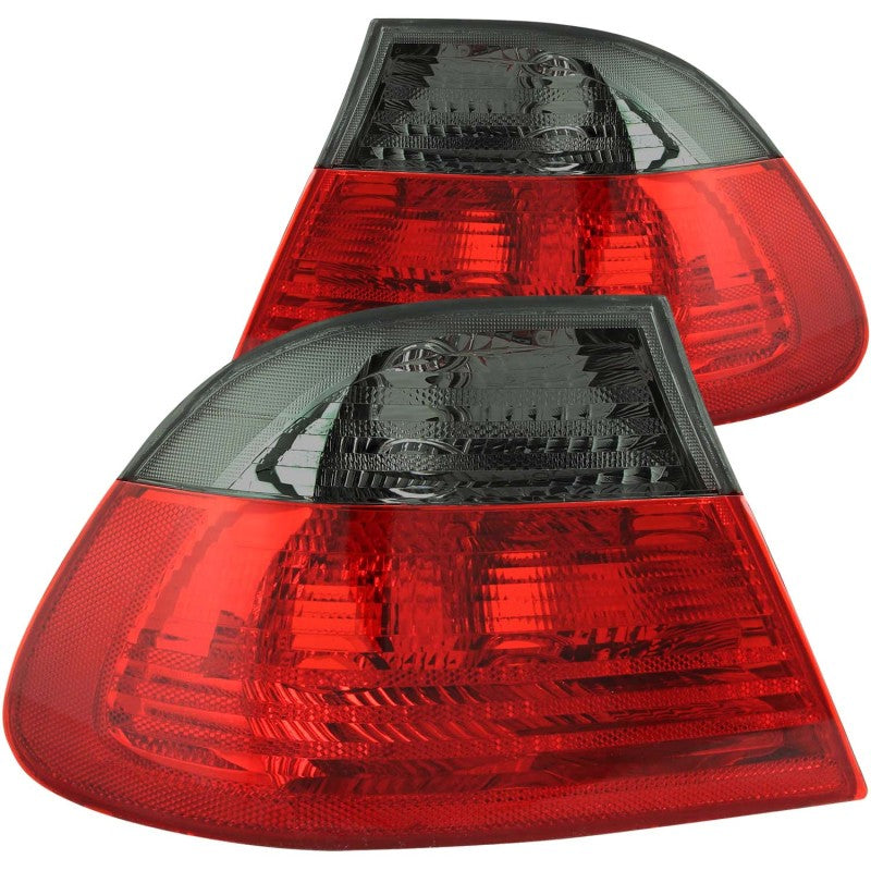 ANZO Red/Smoke Taillights for 2000-2003 BMW 3 Series E46, showcasing sleek design and quality construction.