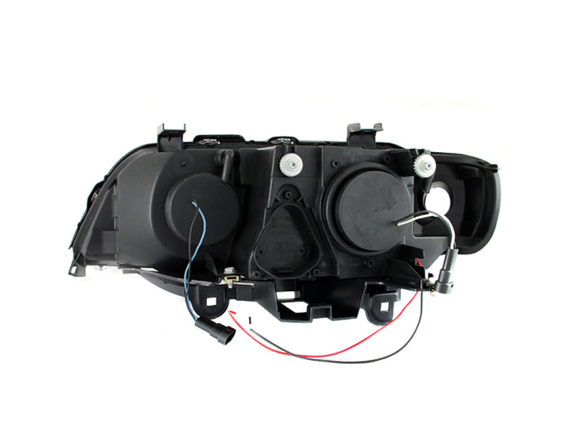 ANZO projector headlights with halo black design for 2000-2003 BMW X5, featuring clear lens and black housing.