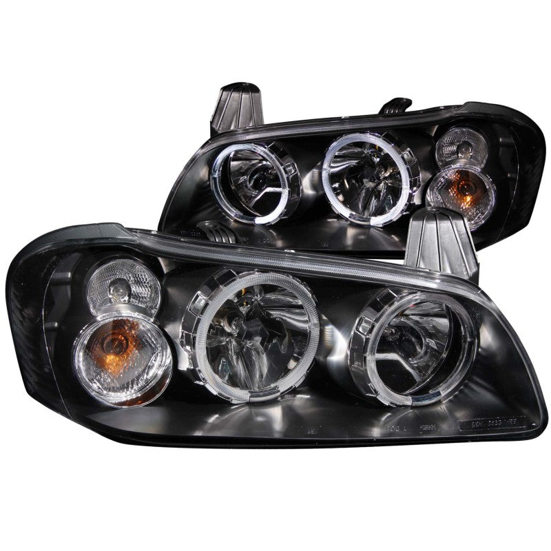 ANZO Crystal Headlights for 2002-2003 Nissan Maxima with Halo Black design, featuring clear lens and black housing.