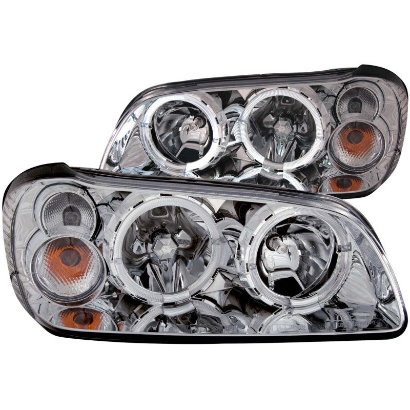 ANZO Crystal Headlights for 2002-2003 Nissan Maxima featuring clear lens and halo chrome design, enhancing vehicle appearance and visibility.