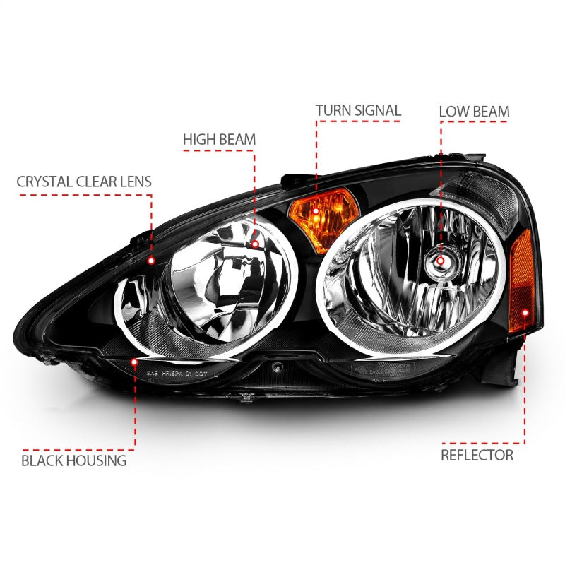 ANZO 2002-2004 Acura RSX Crystal Headlights featuring clear lens and black housing, designed for enhanced visibility and style.