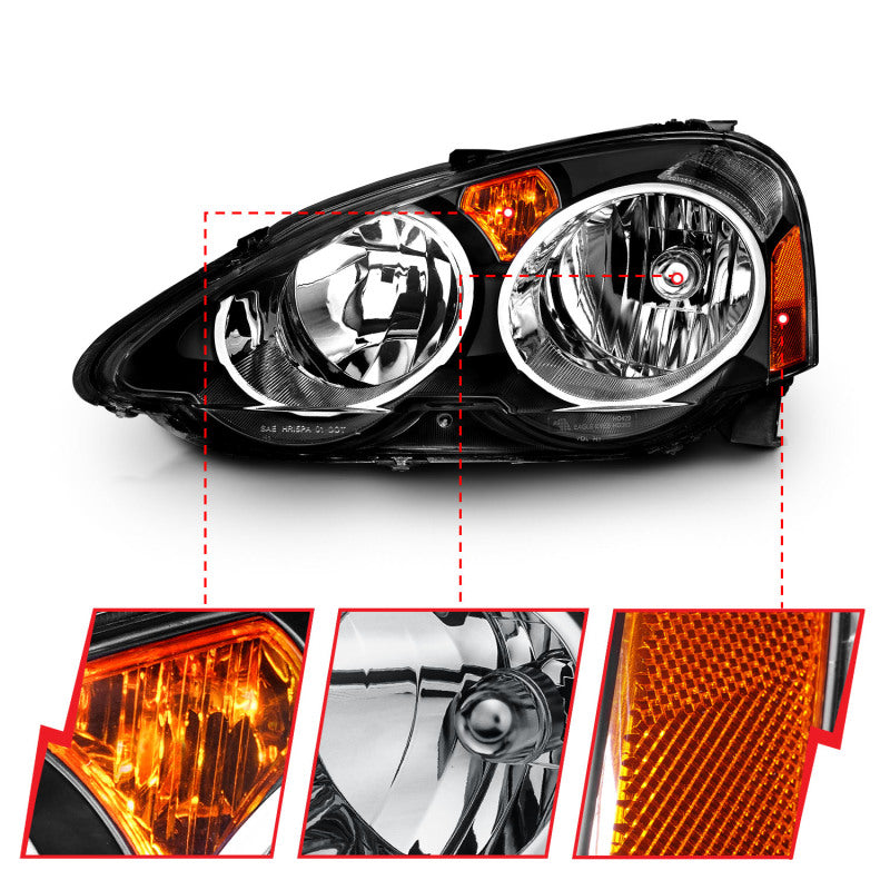 ANZO 2002-2004 Acura RSX Crystal Headlights featuring clear lens and black housing, designed for enhanced visibility and style.