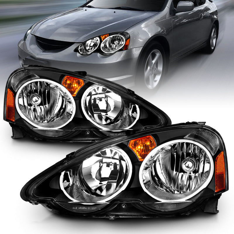 ANZO 2002-2004 Acura RSX Crystal Headlights featuring clear lens and black housing, designed for enhanced visibility and style.