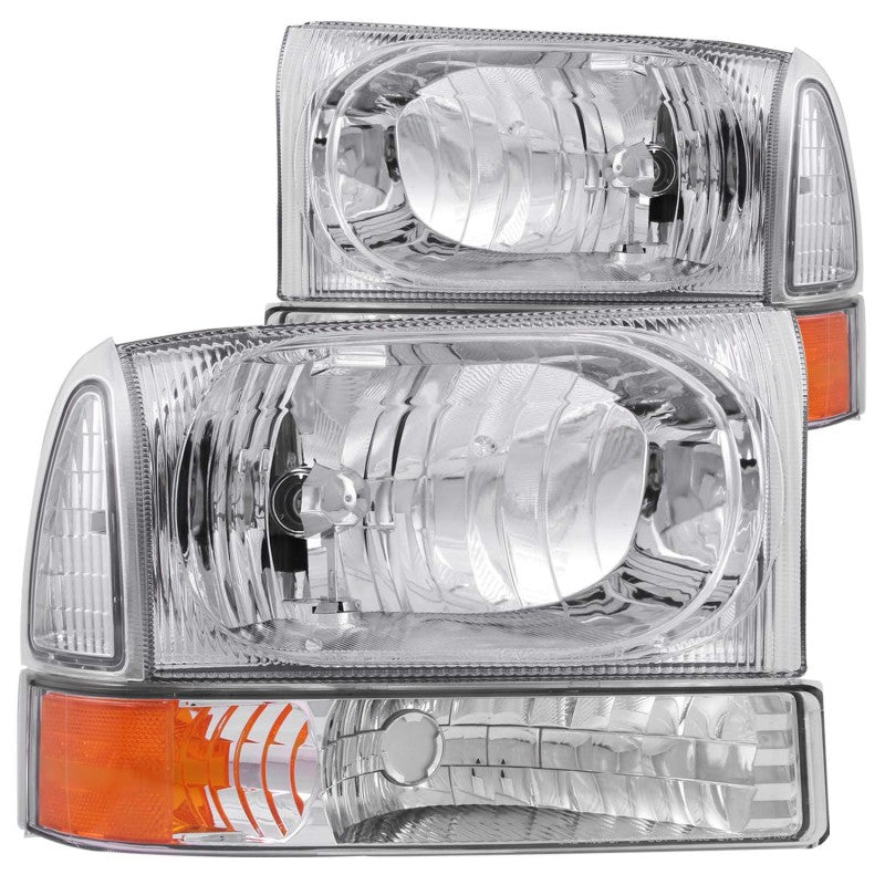 ANZO 2000-2004 Ford Excursion Crystal Headlights with chrome housing and clear lens, showcasing sleek design and improved visibility.