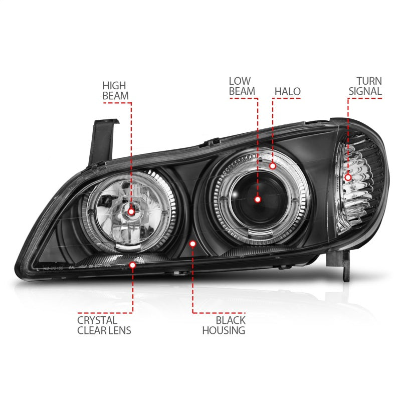 ANZO 2000-2004 Infiniti I30 Projector Headlights with Halo design and black housing, showcasing clear lens and modern styling.