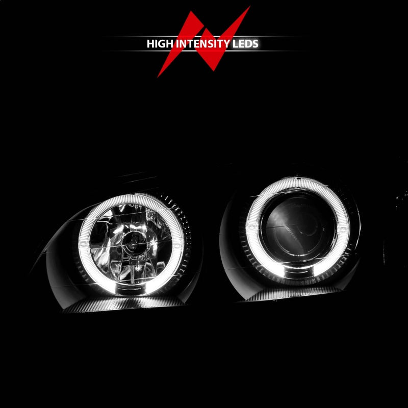 ANZO 2000-2004 Infiniti I30 Projector Headlights with Halo design and black housing, showcasing clear lens and modern styling.