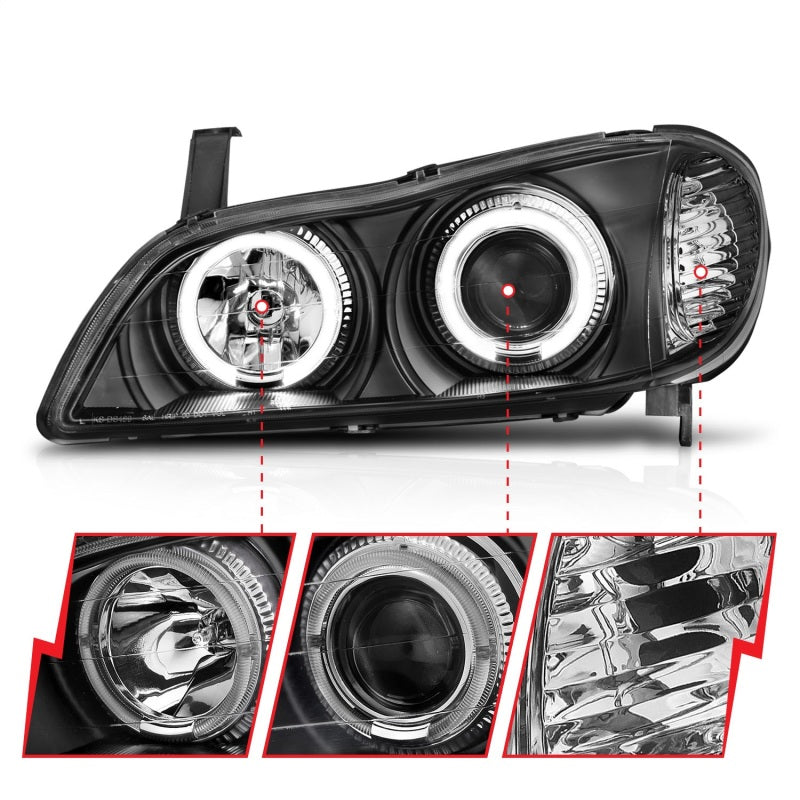 ANZO 2000-2004 Infiniti I30 Projector Headlights with Halo design and black housing, showcasing clear lens and modern styling.