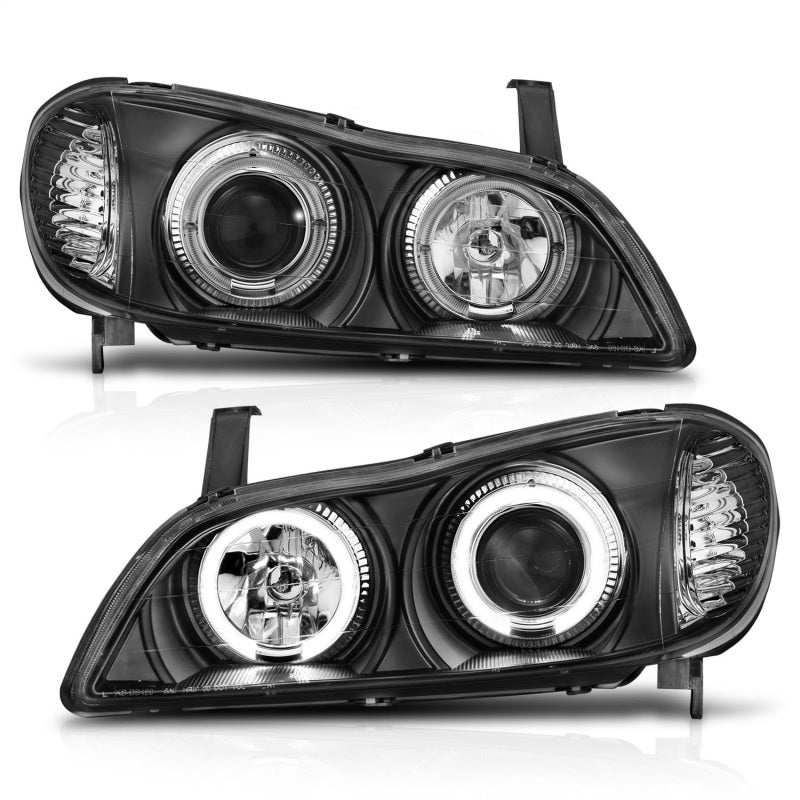 ANZO 2000-2004 Infiniti I30 Projector Headlights with Halo design and black housing, showcasing clear lens and modern styling.