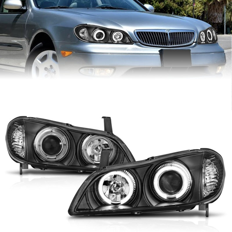 ANZO 2000-2004 Infiniti I30 Projector Headlights with Halo design and black housing, showcasing clear lens and modern styling.