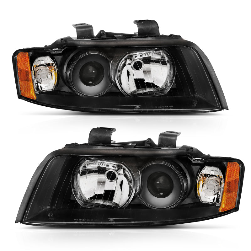 ANZO 2002-2005 Audi A4 Projector Headlight in black, showcasing its sleek design and halogen bulb.