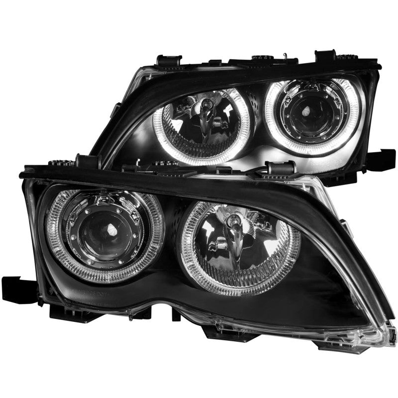 ANZO 2002-2005 BMW 3 Series E46 projector headlights with halo black housing and clear lens, showcasing modern design and enhanced visibility.