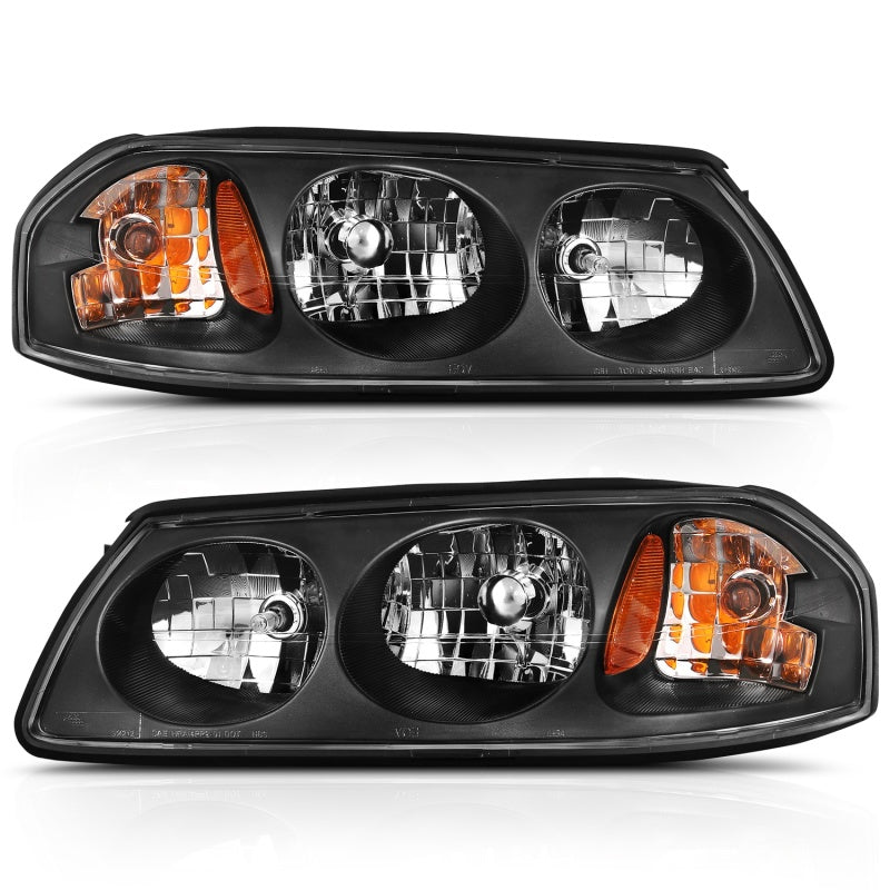 ANZO Crystal Headlight for 2000-2005 Chevy Impala in black amber finish, showcasing its sleek design and superior lighting capabilities.