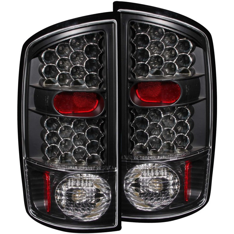 ANZO 2002-2005 Dodge Ram 1500 LED Taillights in black housing with clear lens, showcasing modern design and enhanced visibility.