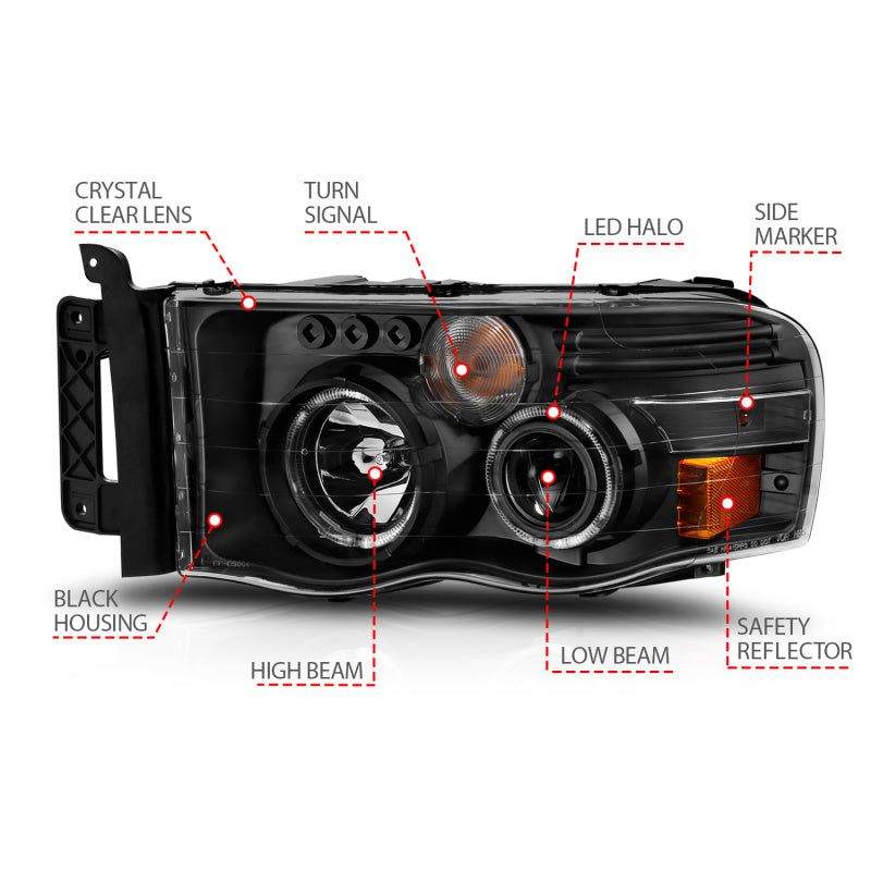 ANZO 2002-2005 Dodge Ram 1500 projector headlights with halo design, featuring black housing and clear/amber lens.