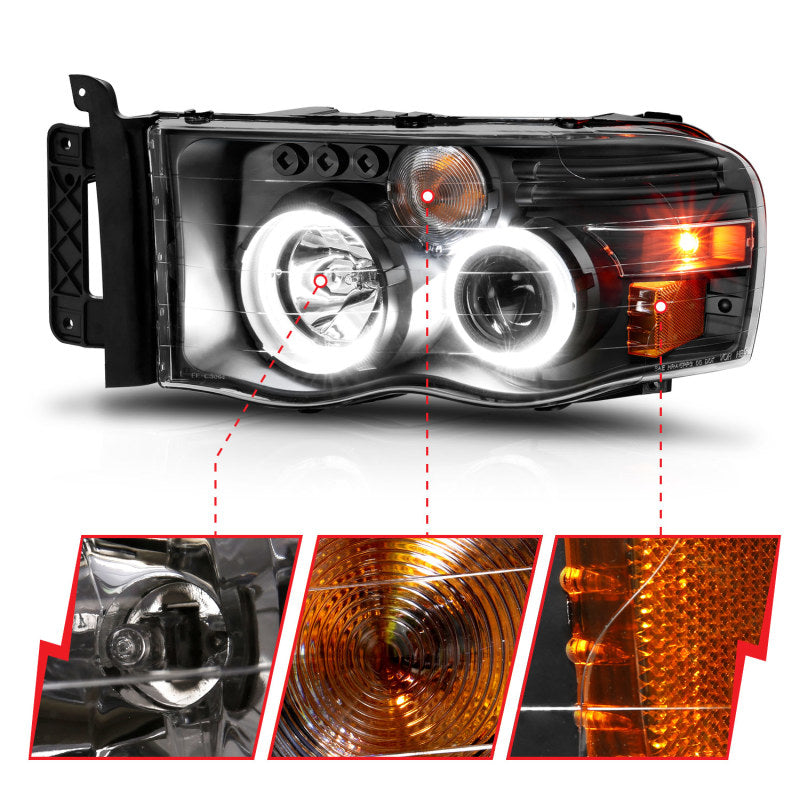 ANZO 2002-2005 Dodge Ram 1500 projector headlights with halo design, featuring black housing and clear/amber lens.