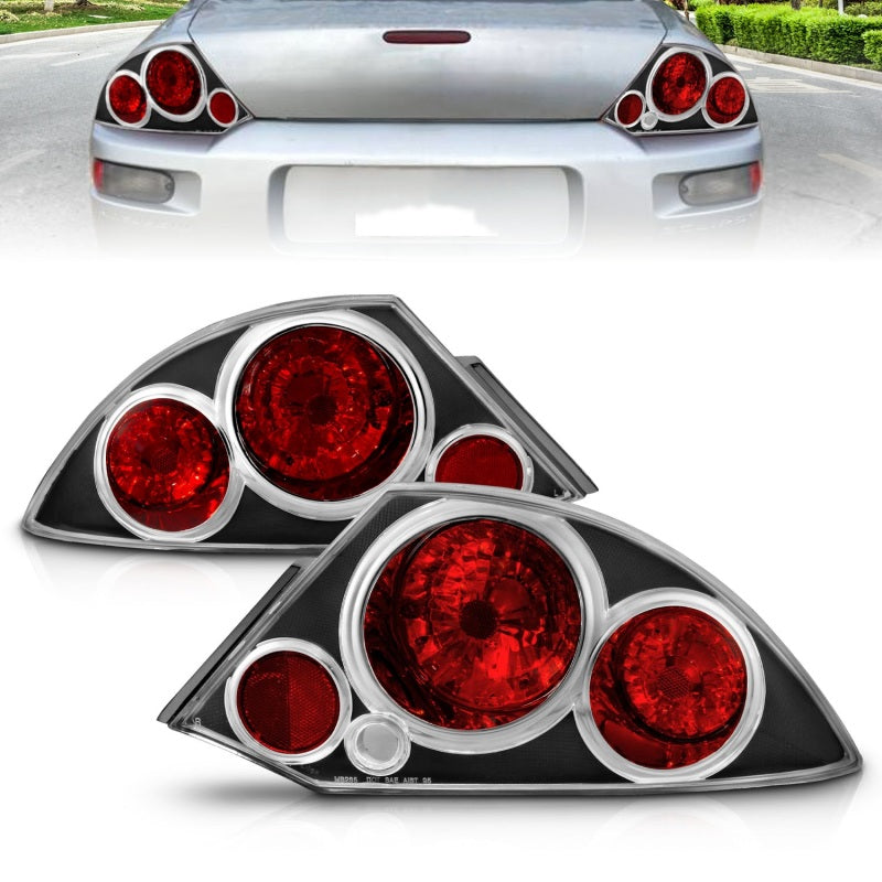 ANZO 2000-2005 Mitsubishi Eclipse taillights with black housing and clear lens, showcasing modern design and improved visibility.