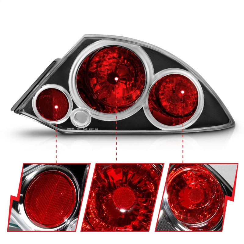 ANZO 2000-2005 Mitsubishi Eclipse taillights with black housing and clear lens, showcasing modern design and improved visibility.