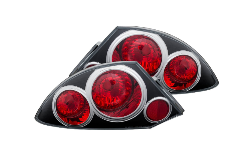 ANZO 2000-2005 Mitsubishi Eclipse taillights with black housing and clear lens, showcasing modern design and improved visibility.