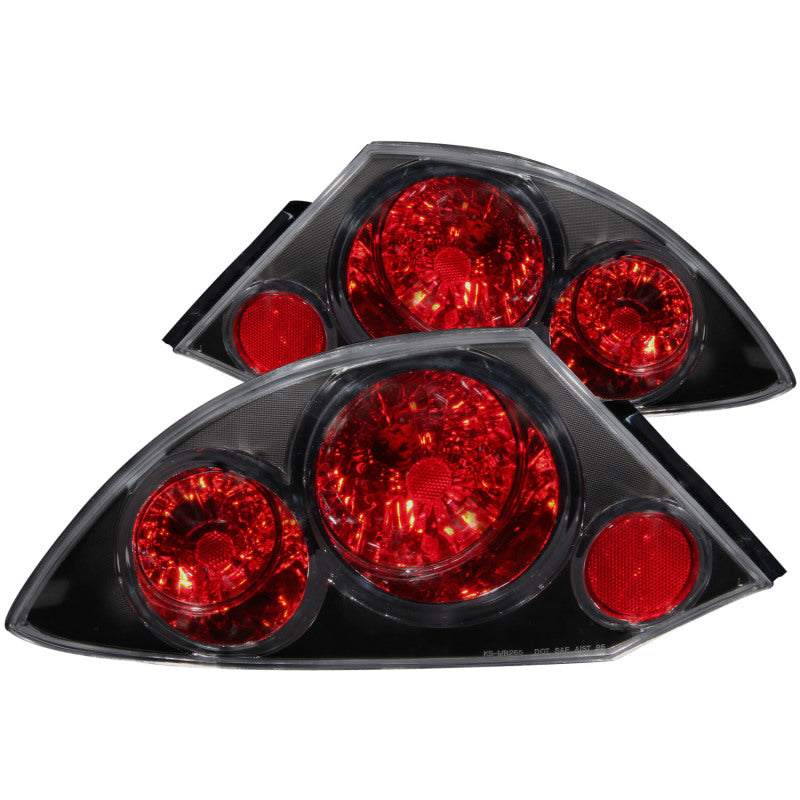 ANZO 2000-2005 Mitsubishi Eclipse taillights with black housing and clear lens, showcasing modern design and improved visibility.