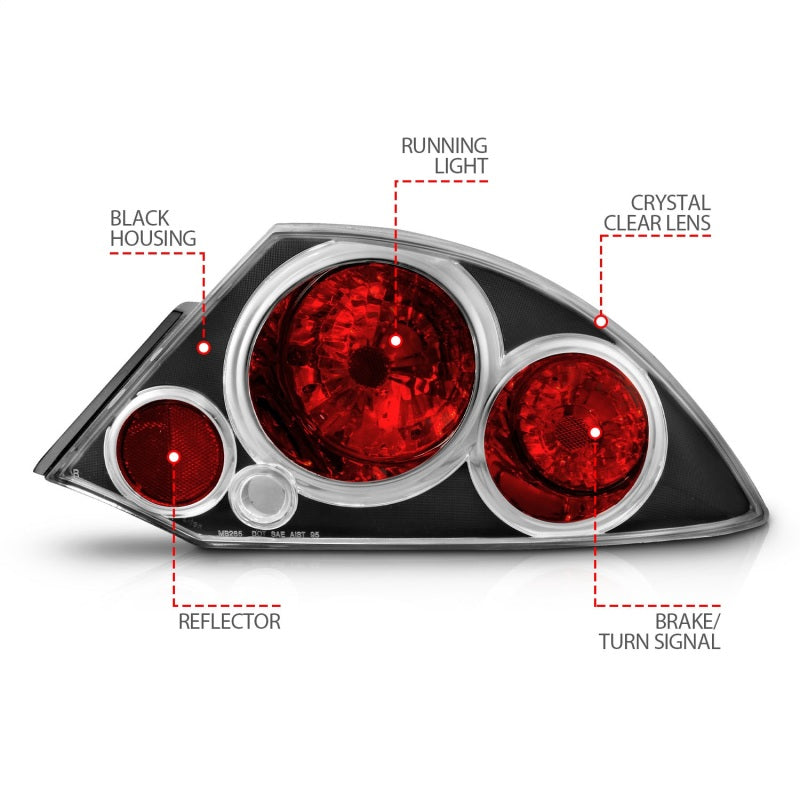 ANZO 2000-2005 Mitsubishi Eclipse taillights with black housing and clear lens, showcasing modern design and improved visibility.