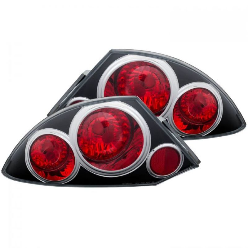 ANZO 2000-2005 Mitsubishi Eclipse taillights with black housing and clear lens, showcasing modern design and improved visibility.