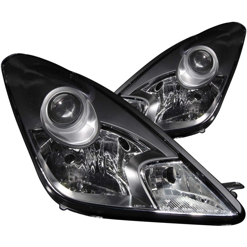 ANZO Crystal Headlights for 2000-2005 Toyota Celica with black housing and clear lens, enhancing vehicle appearance and visibility.