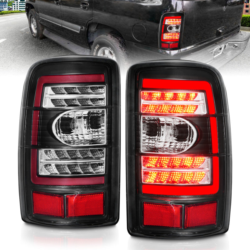 ANZO LED Tail Lights for 2000-2006 Chevrolet Tahoe with clear lens and black housing, showcasing modern design and enhanced visibility.