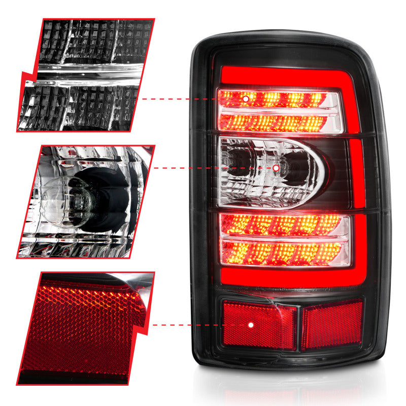 ANZO LED Tail Lights for 2000-2006 Chevrolet Tahoe with clear lens and black housing, showcasing modern design and enhanced visibility.