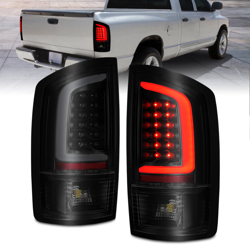 ANZO 2002-2006 Dodge Ram 1500 LED Tail Lights with black housing and light bar design, showcasing sleek and modern styling.