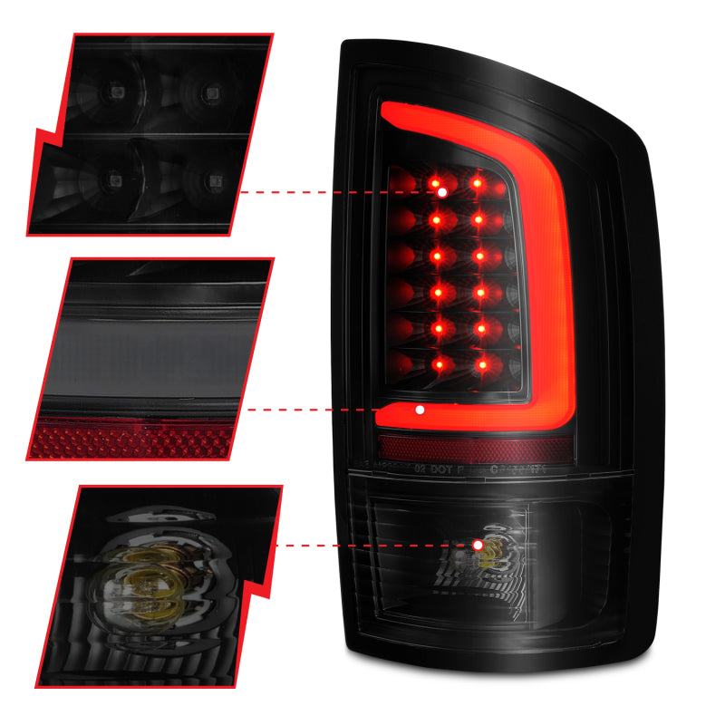 ANZO 2002-2006 Dodge Ram 1500 LED Tail Lights with black housing and light bar design, showcasing sleek and modern styling.