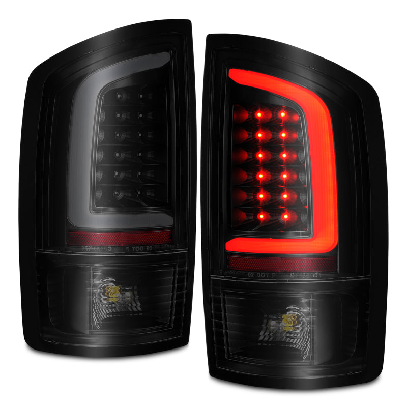 ANZO 2002-2006 Dodge Ram 1500 LED Tail Lights with black housing and light bar design, showcasing sleek and modern styling.