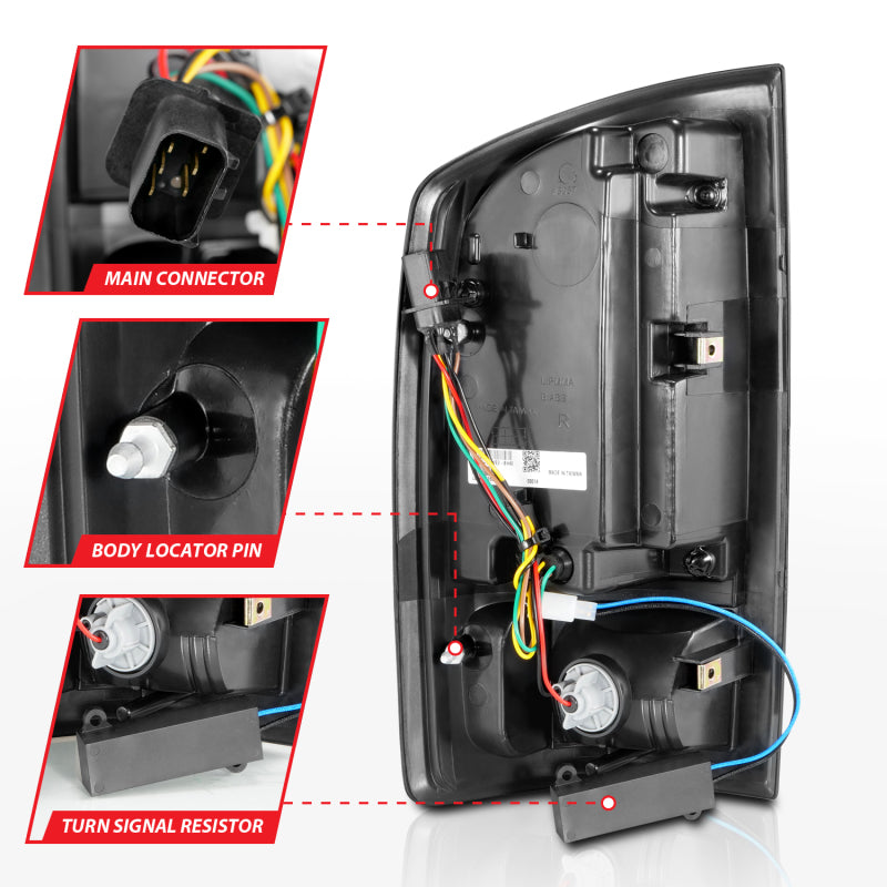 ANZO 2002-2006 Dodge Ram 1500 LED Tail Lights with black housing and light bar design, showcasing sleek and modern styling.
