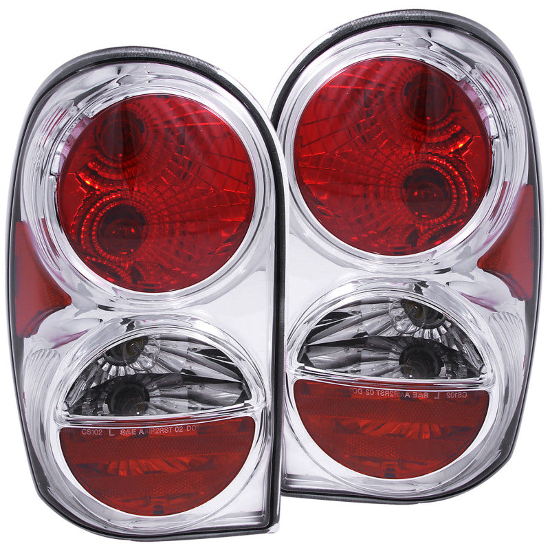 ANZO 2002-2007 Jeep Liberty taillights with chrome housing and clear lens, showcasing their sleek design and functionality.