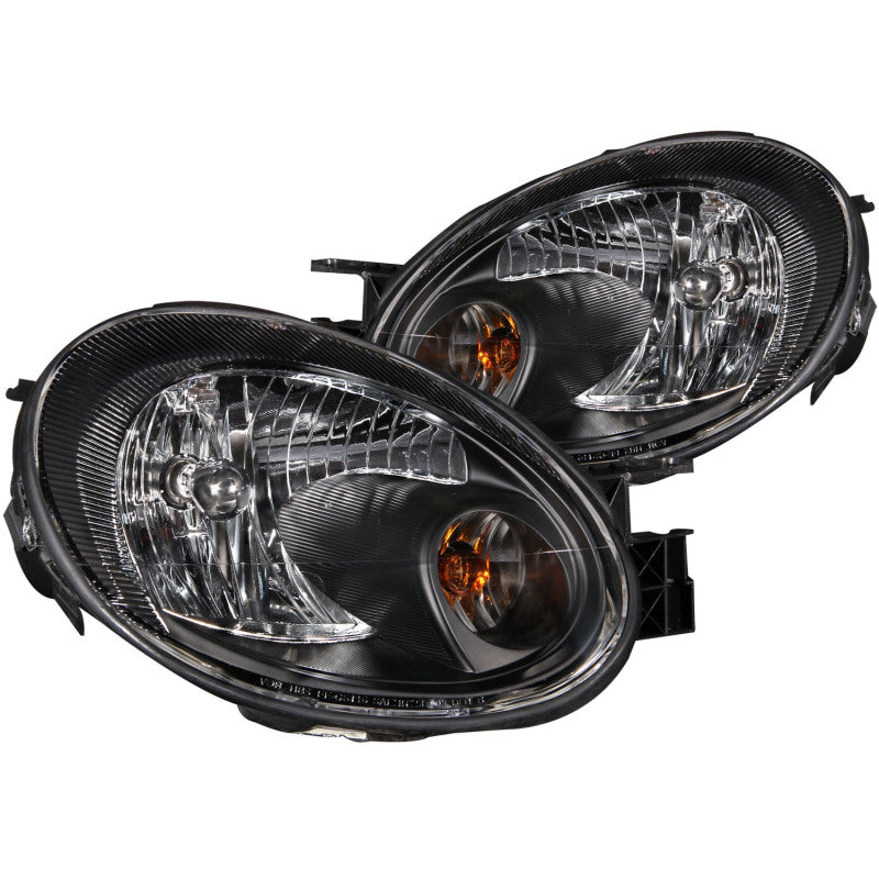 ANZO 2003-2005 Dodge Neon Crystal Headlights with black housing and clear lens, showcasing modern design and enhanced visibility.