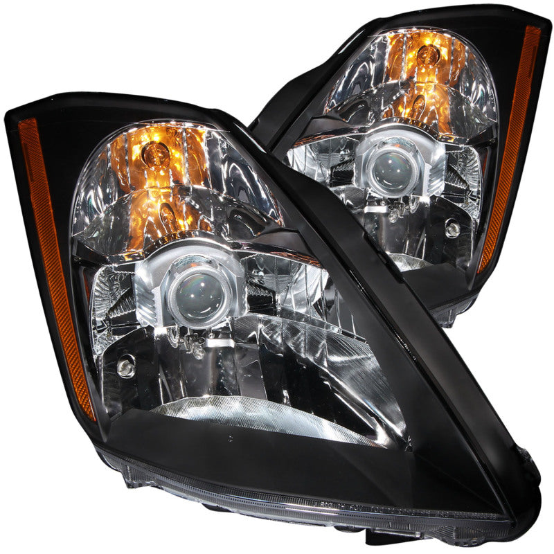 ANZO 2003-2005 Nissan 350Z Crystal Headlights in black housing with clear lens, showcasing modern design and enhanced visibility.