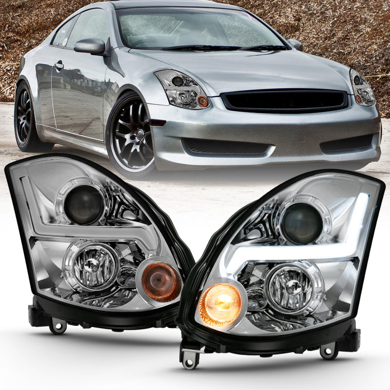 ANZO 2003-2007 Infiniti G35 Projector Headlight in chrome finish, showcasing modern design and powerful light output.