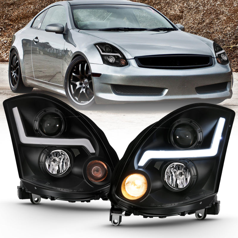 ANZO 2003-2007 Infiniti G35 Projector Headlight in chrome finish, showcasing modern design and powerful light output.