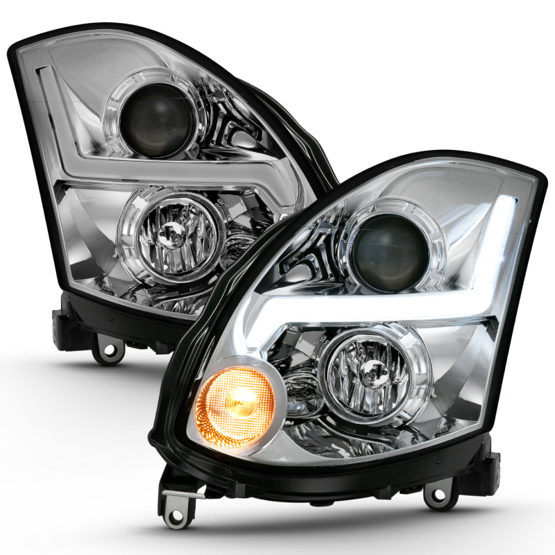 ANZO 2003-2007 Infiniti G35 Projector Headlight in chrome finish, showcasing modern design and powerful light output.