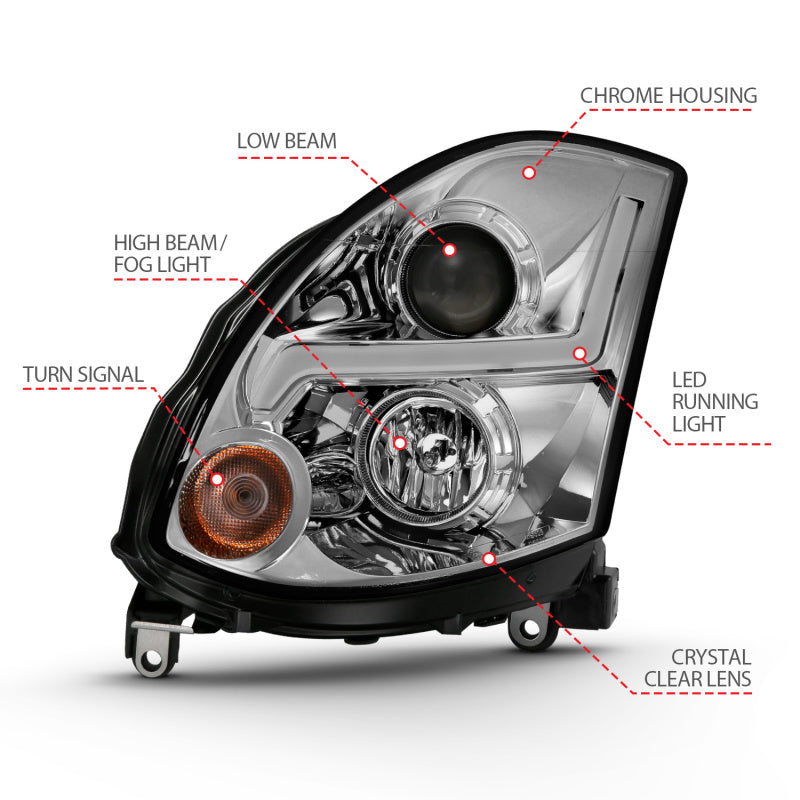 ANZO 2003-2007 Infiniti G35 Projector Headlight in chrome finish, showcasing modern design and powerful light output.