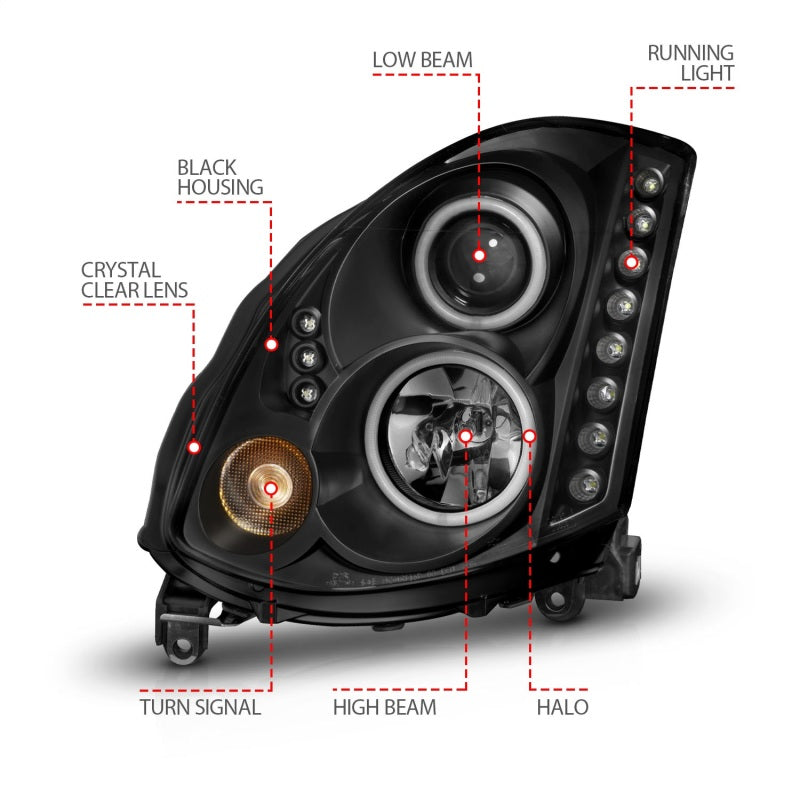 ANZO 2003-2007 Infiniti G35 Projector Headlights with Halo Black CCFL, featuring clear lens and black housing.