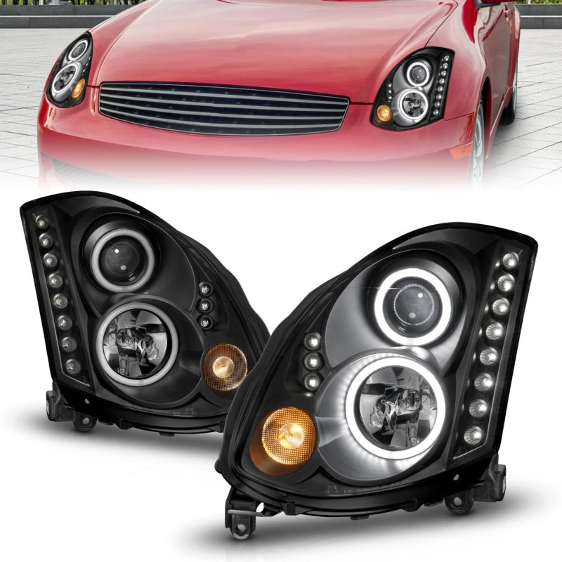 ANZO 2003-2007 Infiniti G35 Projector Headlights with Halo Black CCFL, featuring clear lens and black housing.