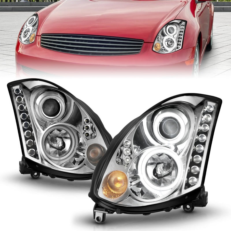 ANZO 2003-2007 Infiniti G35 Projector Headlights with Halo Chrome, showcasing clear lens and chrome housing.