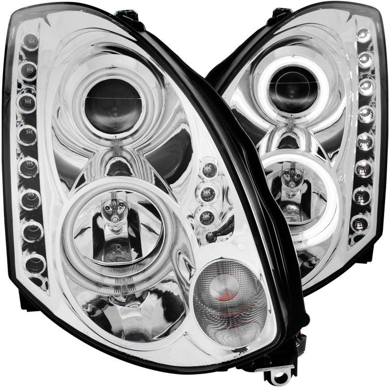 ANZO 2003-2007 Infiniti G35 Projector Headlights with Halo Chrome, showcasing clear lens and chrome housing.