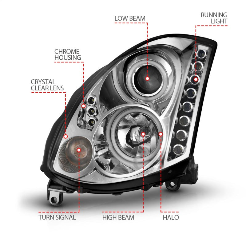 ANZO 2003-2007 Infiniti G35 Projector Headlights with Halo Chrome, showcasing clear lens and chrome housing.