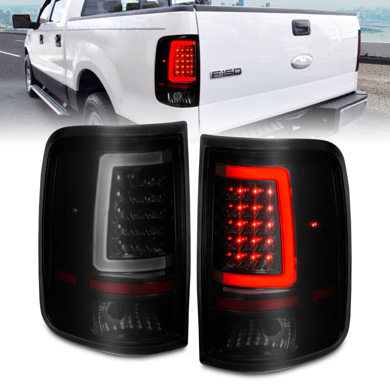 ANZO LED Tail Lights for 2004-2006 Ford F-150 with black housing and light bar design.