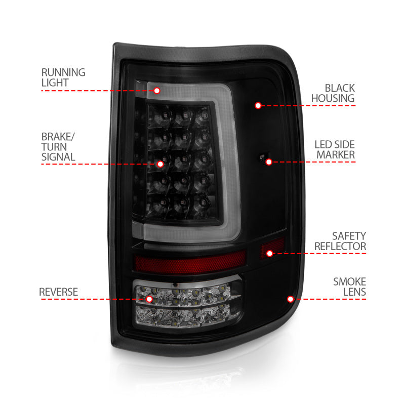 ANZO LED Tail Lights for 2004-2006 Ford F-150 with black housing and light bar design.