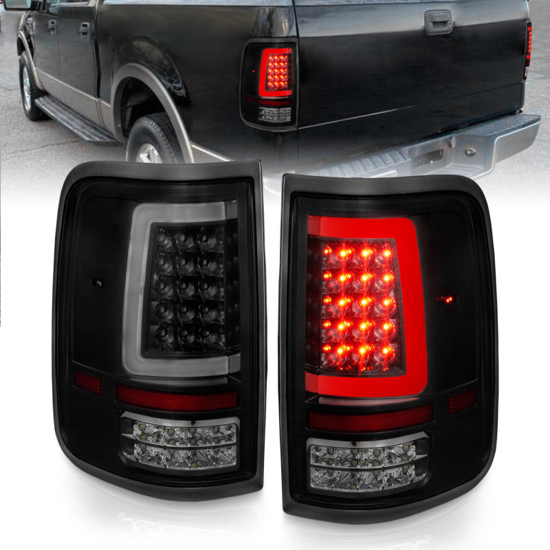 ANZO LED Tail Lights for 2004-2006 Ford F-150 with black housing and light bar design.