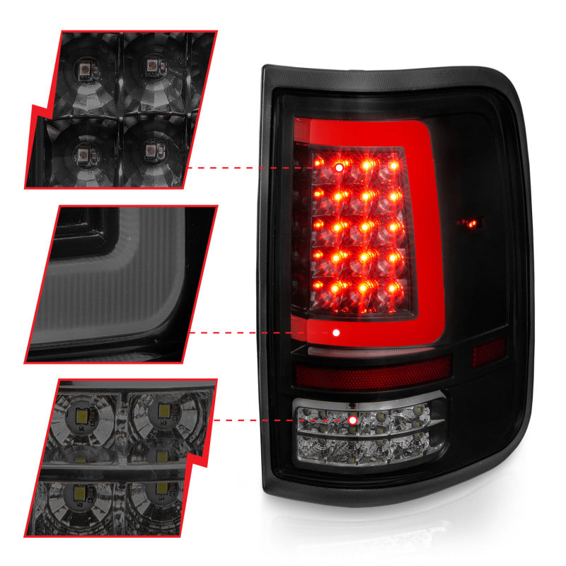 ANZO LED Tail Lights for 2004-2006 Ford F-150 with black housing and light bar design.