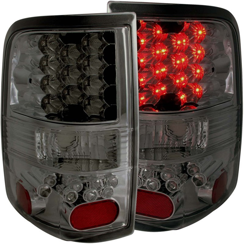 ANZO 2004-2006 Ford F-150 LED taillights with smoke lens, showcasing modern design and enhanced visibility.