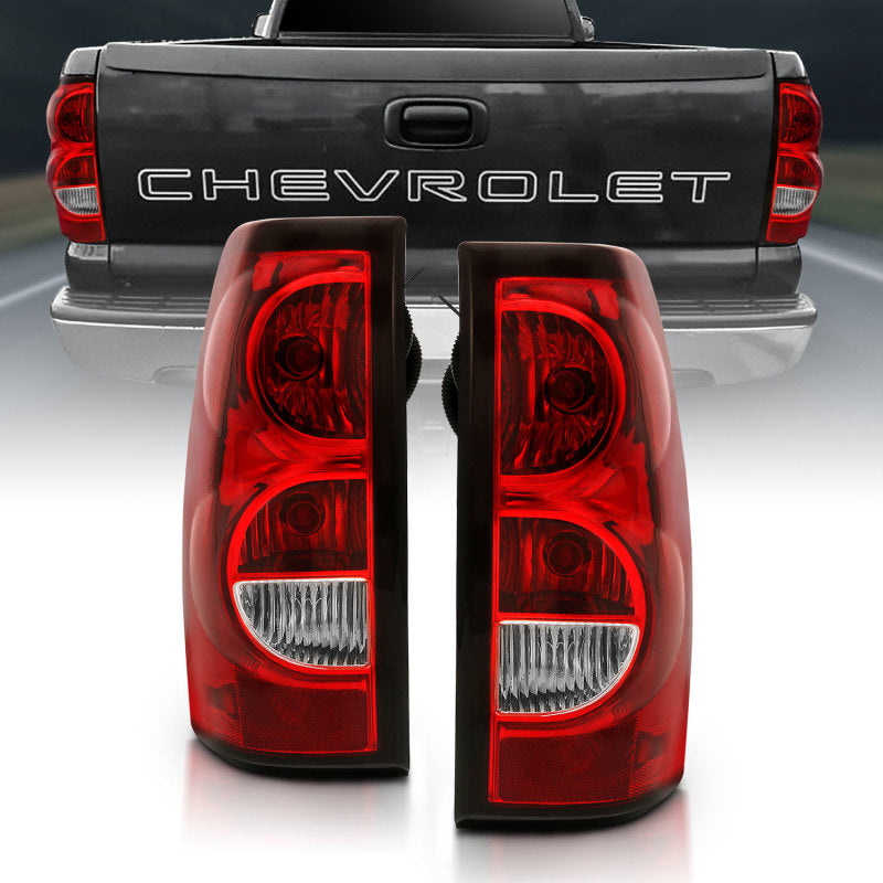 ANZO 2004-2007 Chevy Silverado taillight featuring a red/clear lens and black trim, designed for enhanced visibility and style.